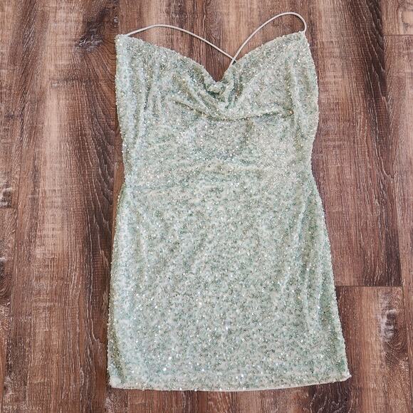 Retrofete Mich Sequin Mini Dress in Mint Aqua Green Small Beaded Sleeveless Cowl - Picture 3 of 12